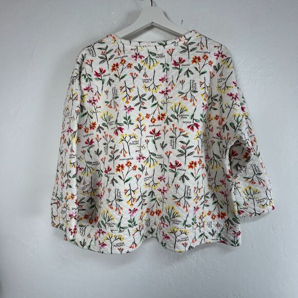 Lands' End Women's Quilted Crewneck Top XL 3/4 Sleeve Pullover Ivory Floral - Picture 2 of 8